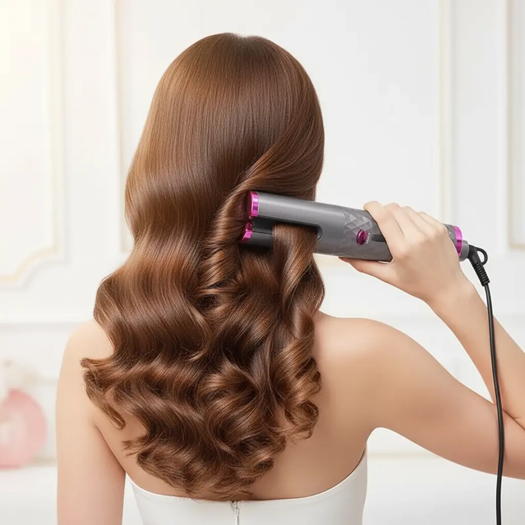 Femme utilisant le boucleur de cheveux